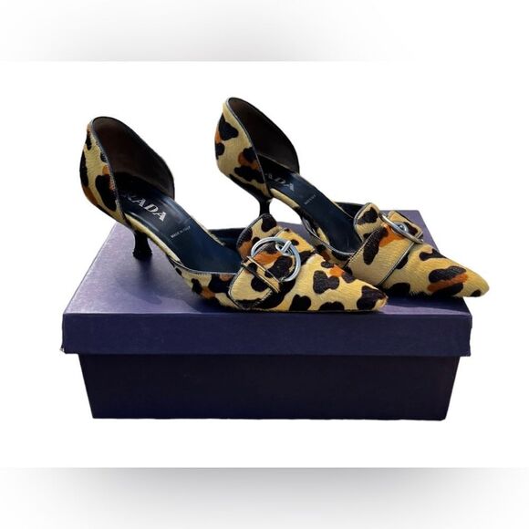 PRADA - Calzature Donna Leopard Animal hair Kitten Heel Pumps 37.5 - Picture 1 of 11